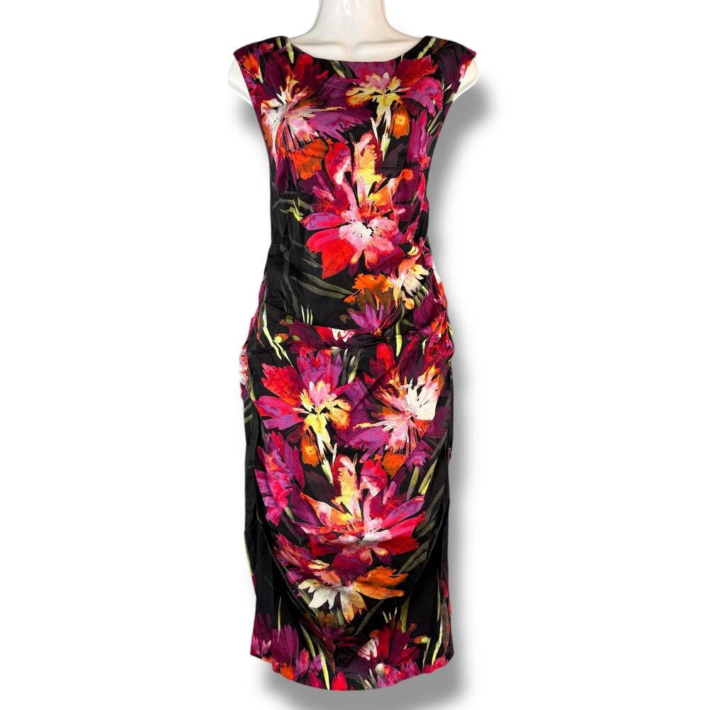 Nicole Miller Floral Body Con Scrunched Midi Dress Size 10 Maximalist Elegant